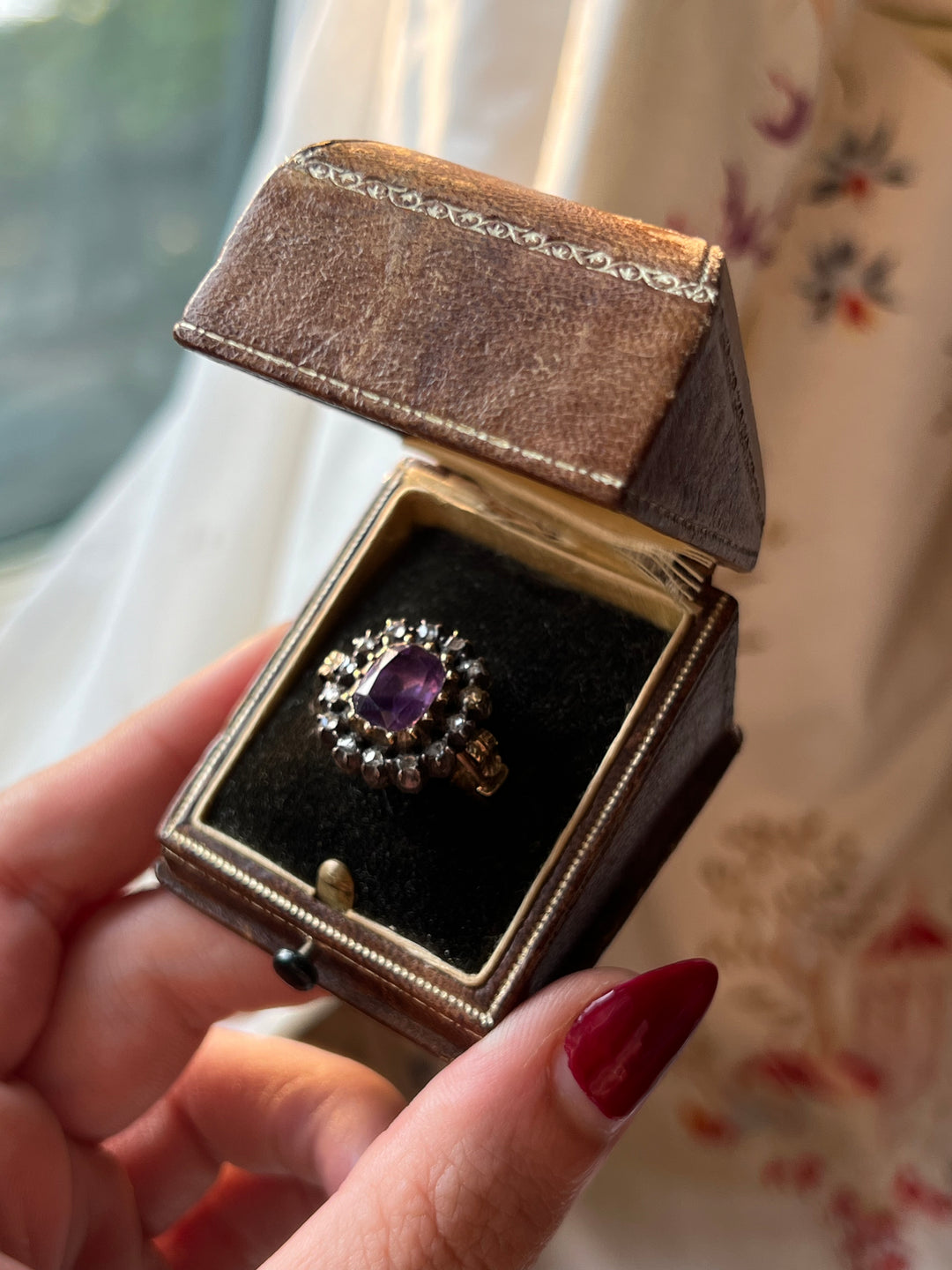 Exceptional 19th century Mint in Box Foiled Amethyst and Diamond Ring