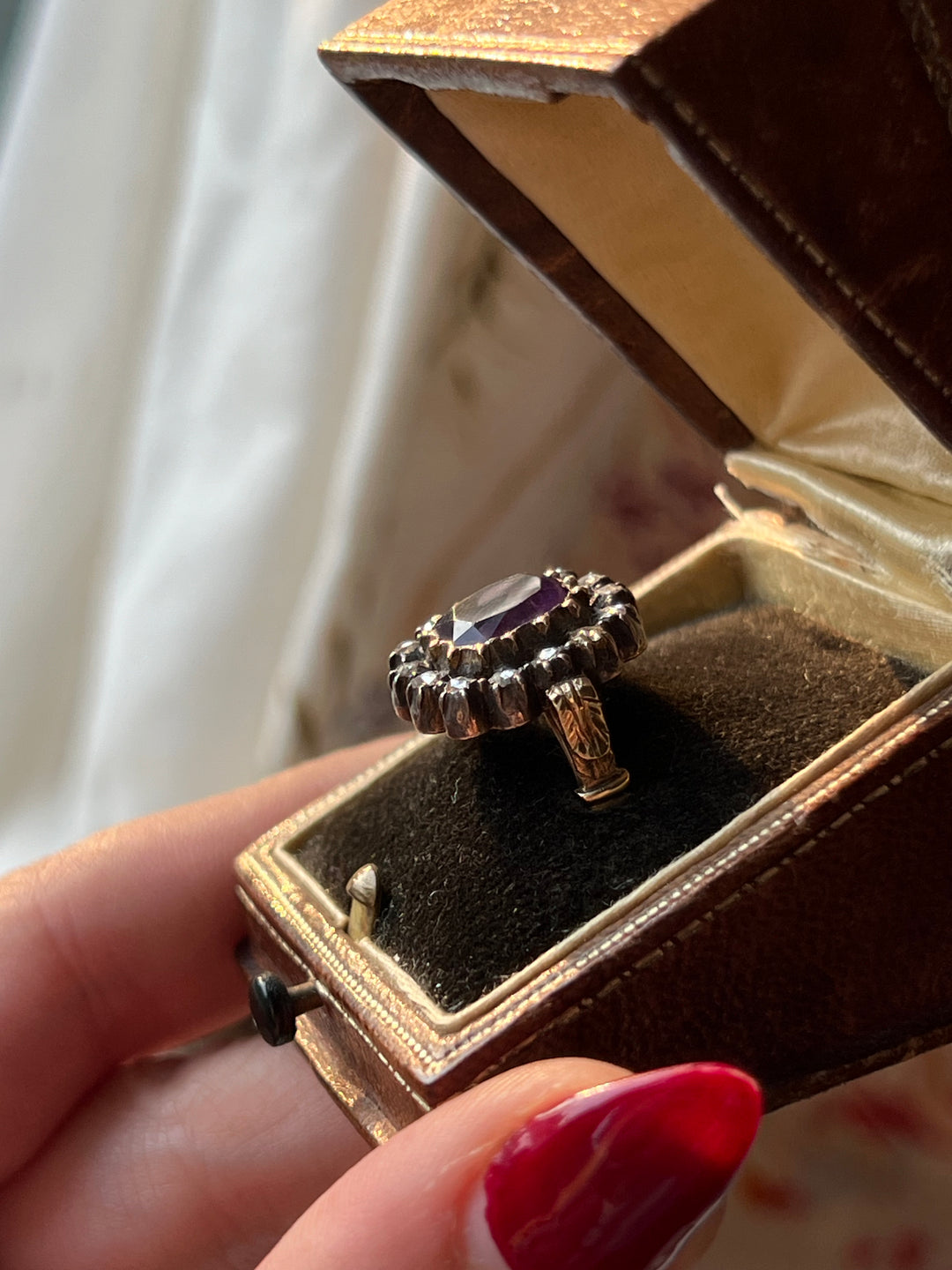 Exceptional 19th century Mint in Box Foiled Amethyst and Diamond Ring