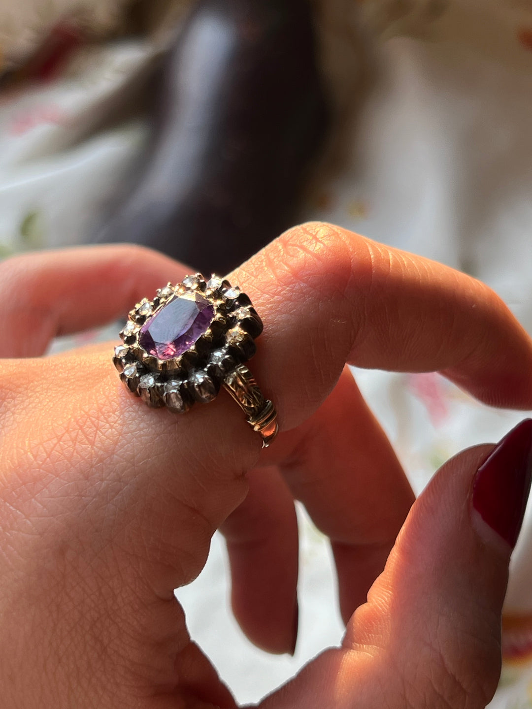 Exceptional 19th century Mint in Box Foiled Amethyst and Diamond Ring