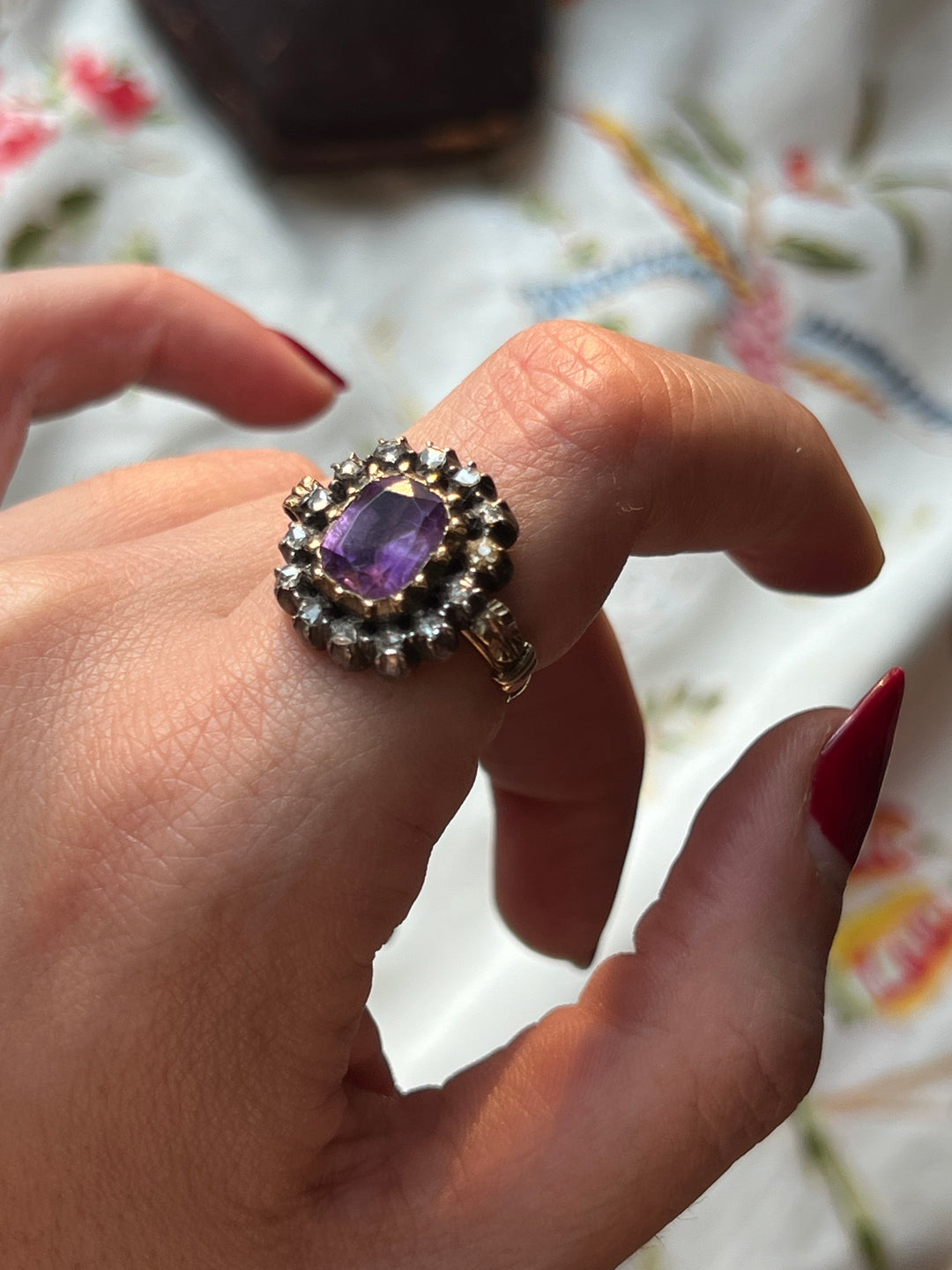 Exceptional 19th century Mint in Box Foiled Amethyst and Diamond Ring