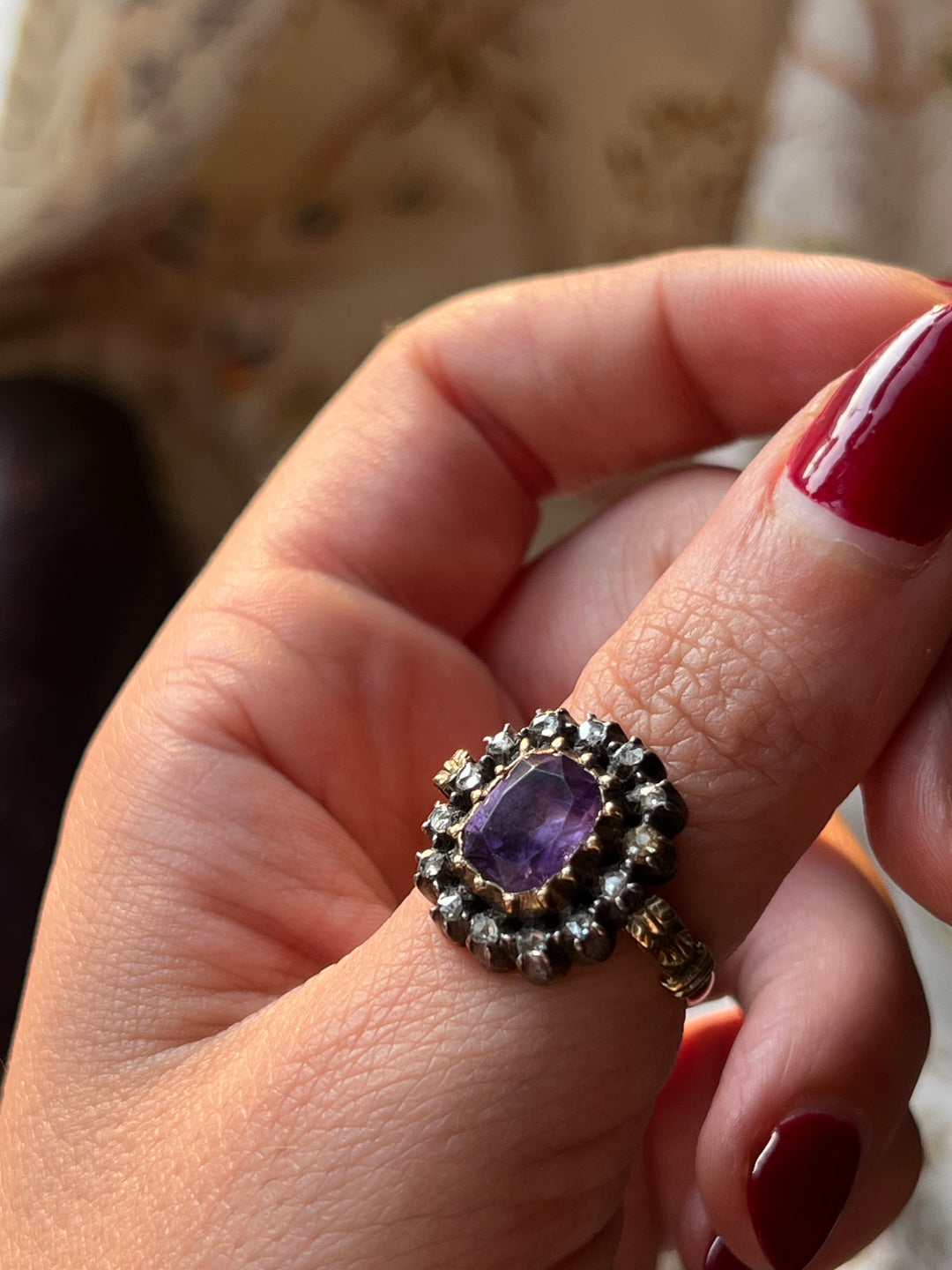 Exceptional 19th century Mint in Box Foiled Amethyst and Diamond Ring