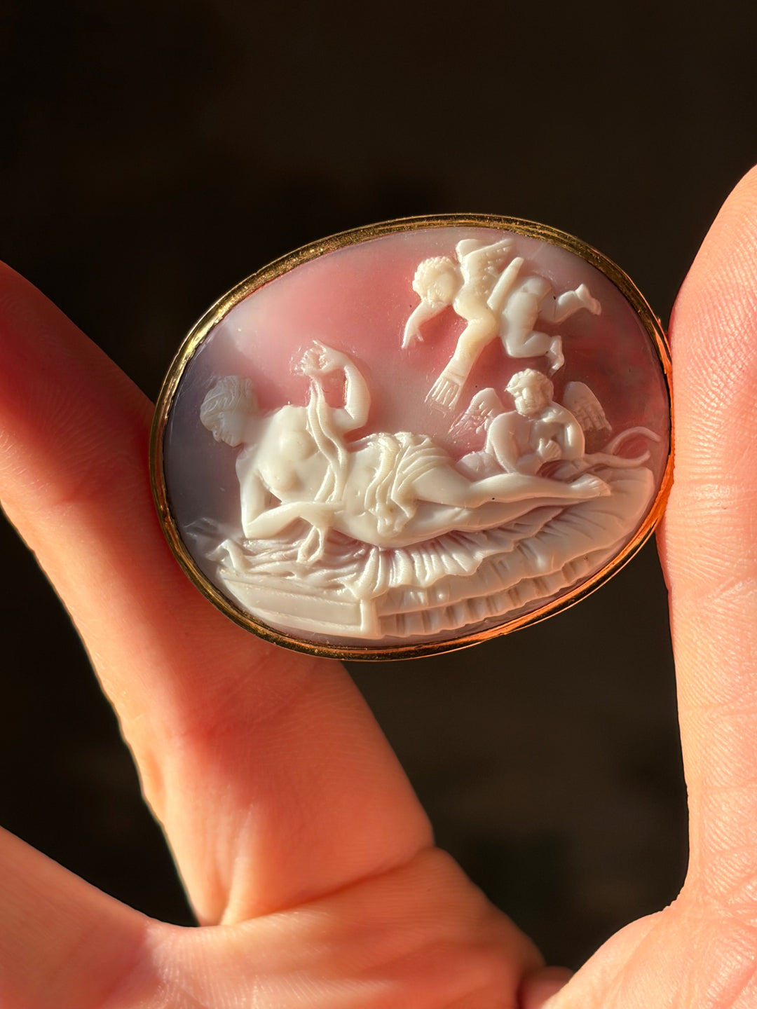 Victorian Pink Conch Cameo Brooch with Venus, Eros and Anteros