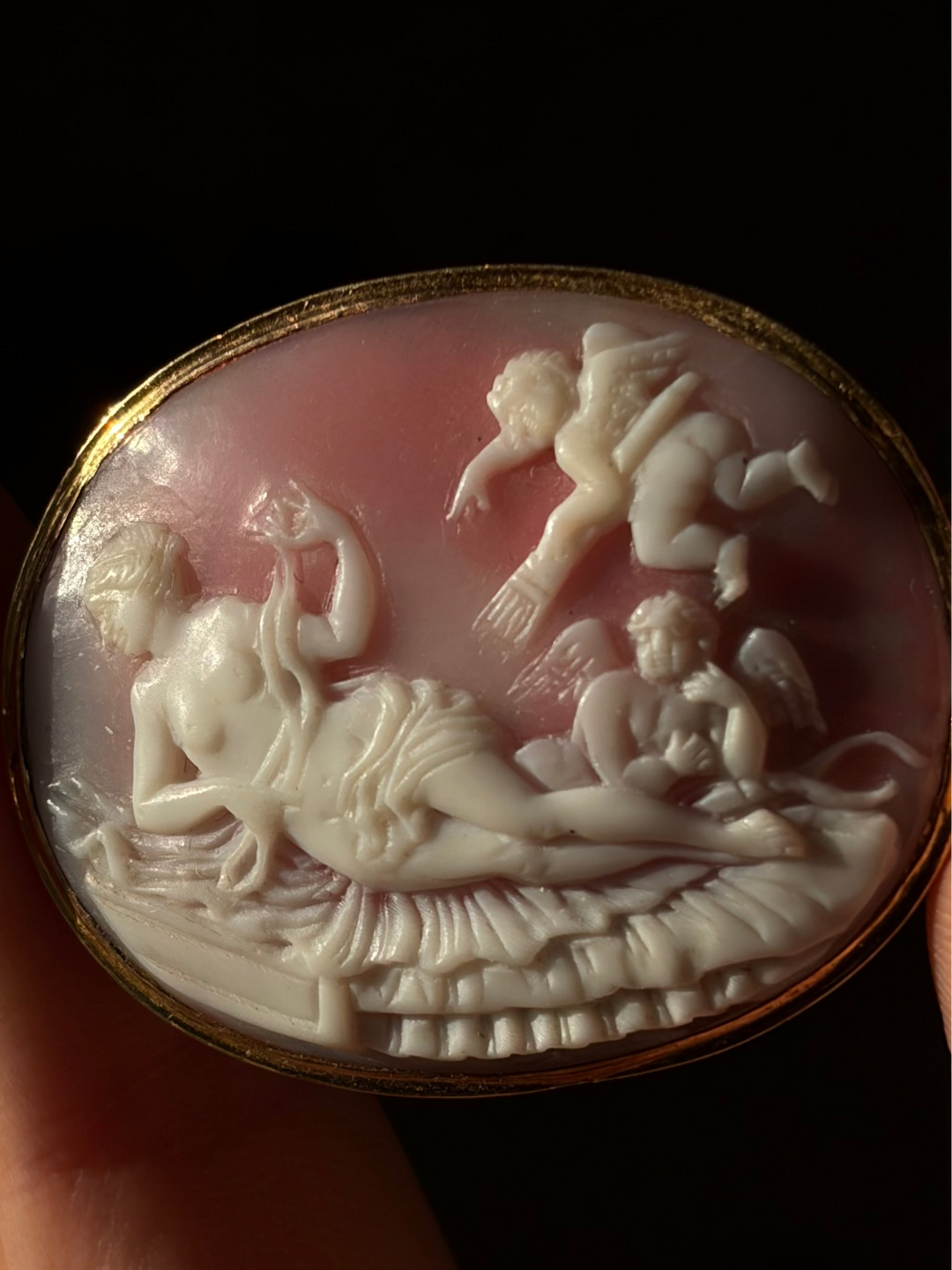 Victorian Pink Conch Cameo Brooch with Venus, Eros and Anteros