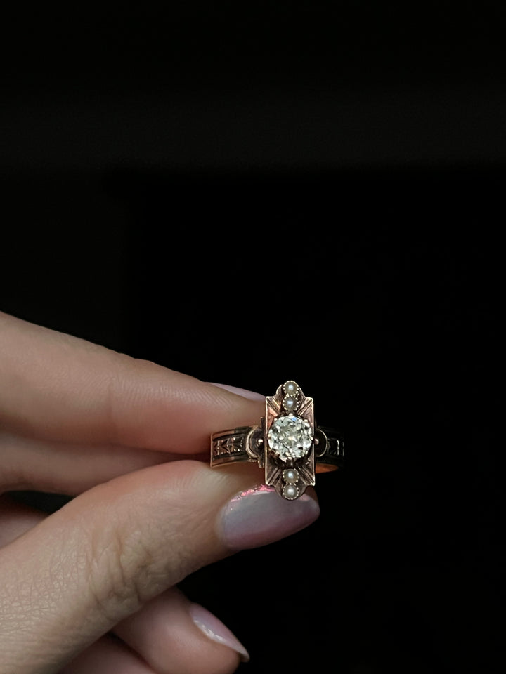 Victorian .94ct Old Mine Cut Diamond Dinner Ring 14ct