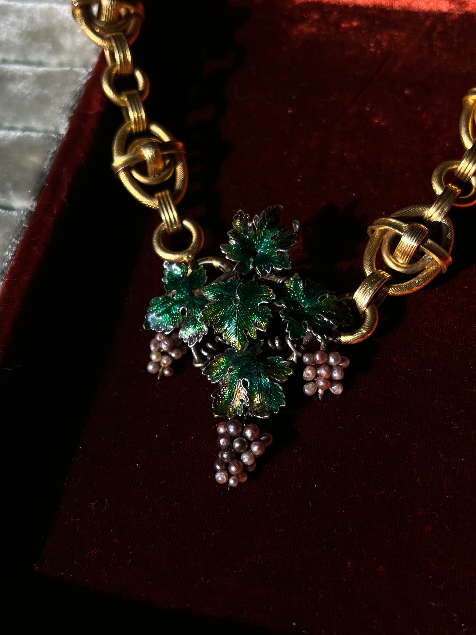 Extremely rare sterling silver grape brooch with colorful enamel detailing in antique design