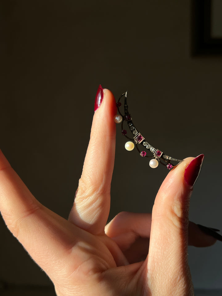 Ruby, Diamond, and Pearl Crescent Brooch