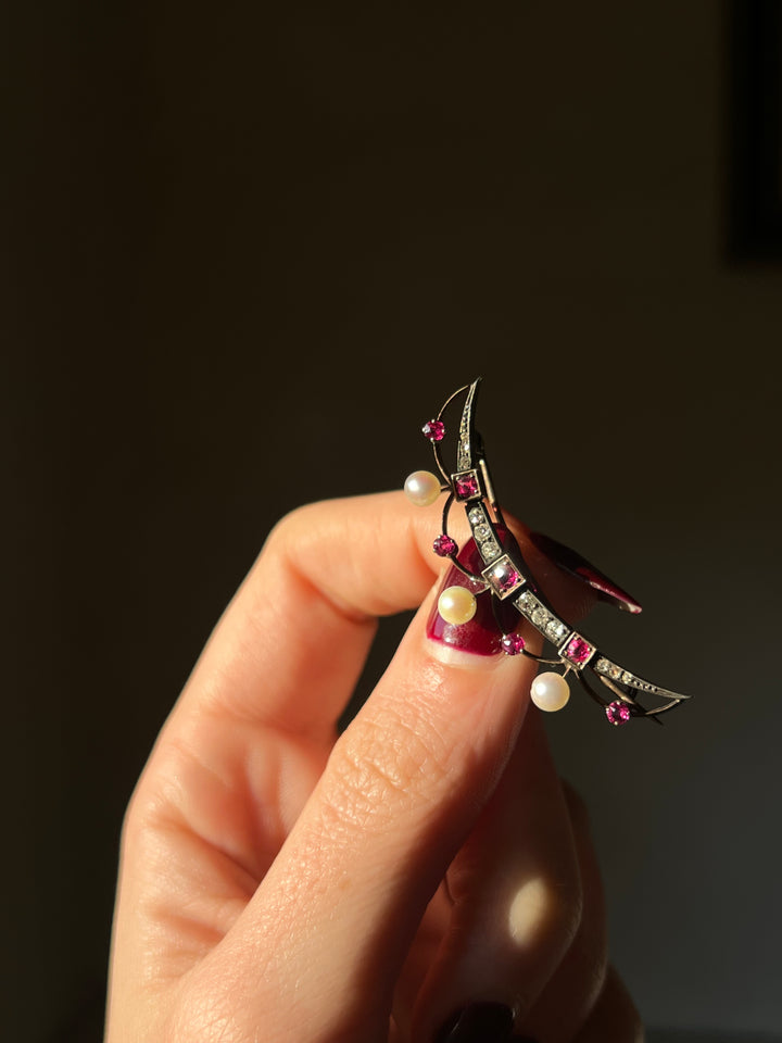 Ruby, Diamond, and Pearl Crescent Brooch