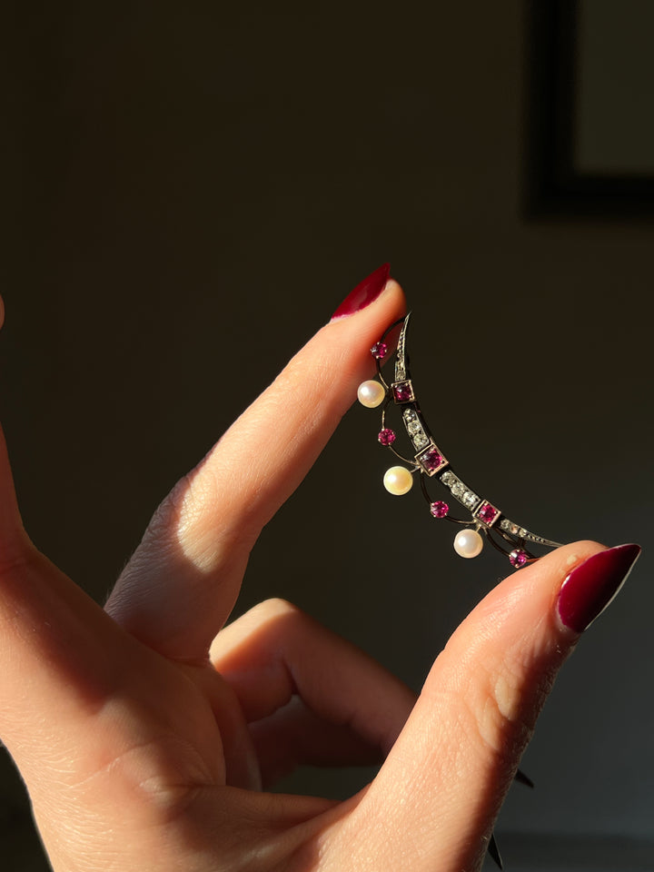 Ruby, Diamond, and Pearl Crescent Brooch