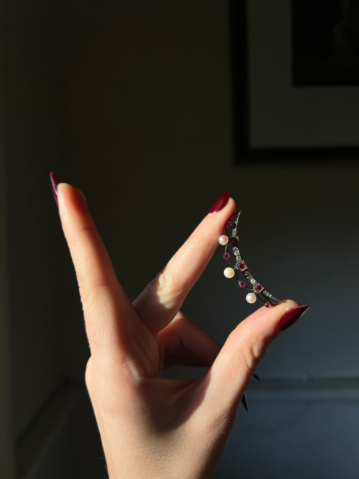 Ruby, Diamond, and Pearl Crescent Brooch