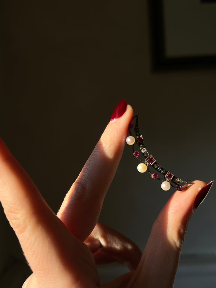 Ruby, Diamond, and Pearl Crescent Brooch