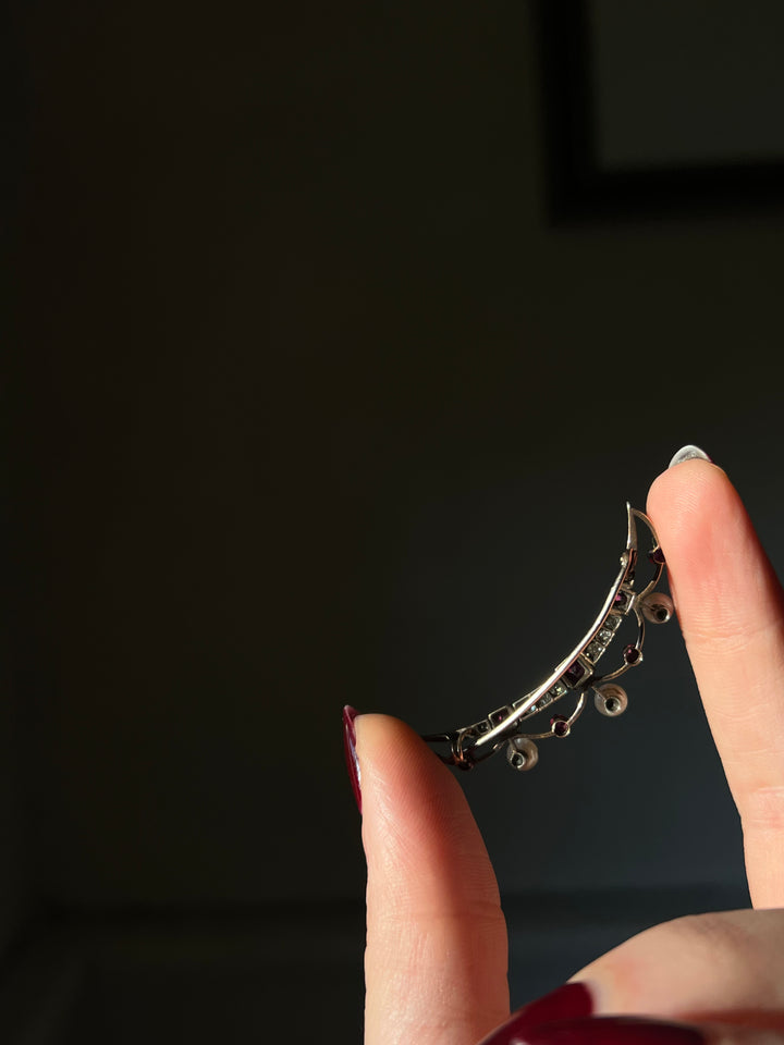 Ruby, Diamond, and Pearl Crescent Brooch