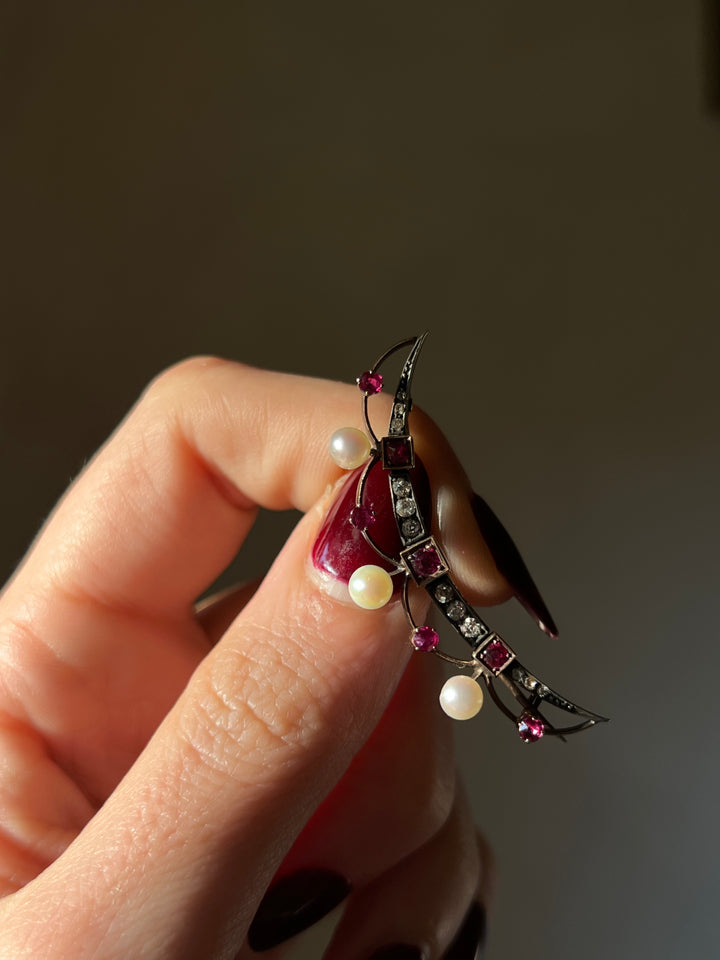 Ruby, Diamond, and Pearl Crescent Brooch