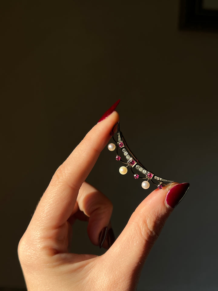 Ruby, Diamond, and Pearl Crescent Brooch