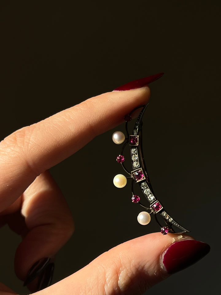 Ruby, Diamond, and Pearl Crescent Brooch