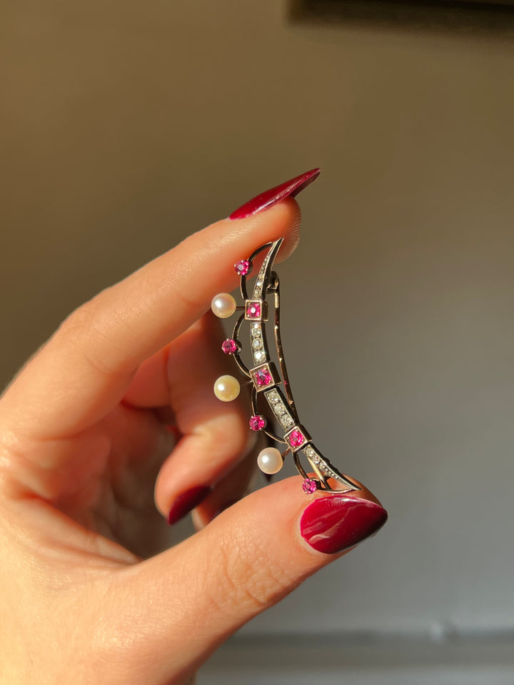 Ruby, Diamond, and Pearl Crescent Brooch