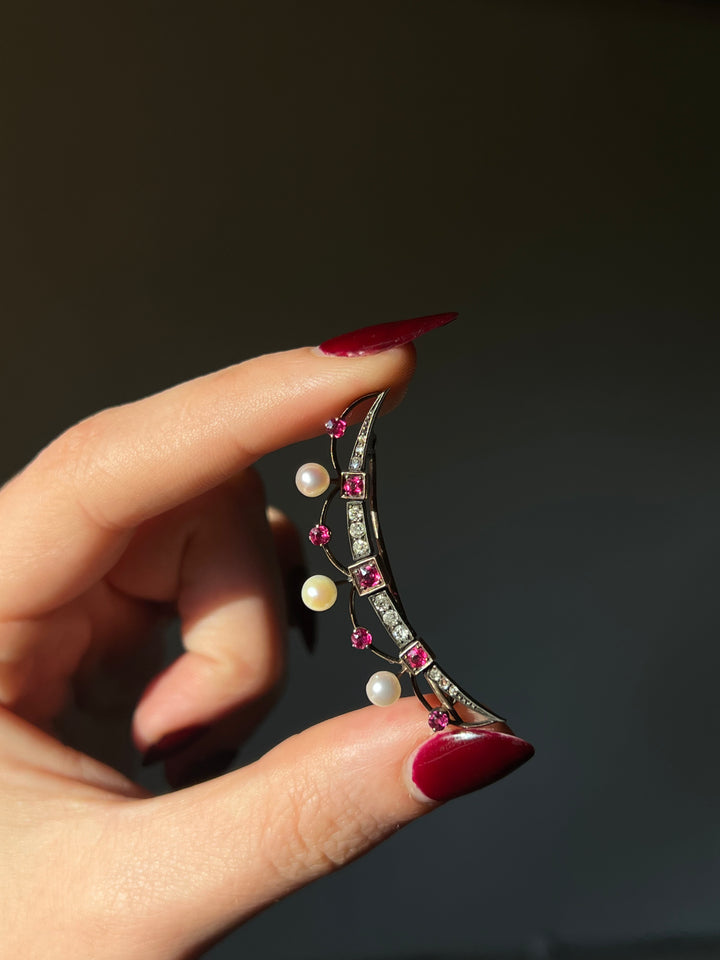 Ruby, Diamond, and Pearl Crescent Brooch