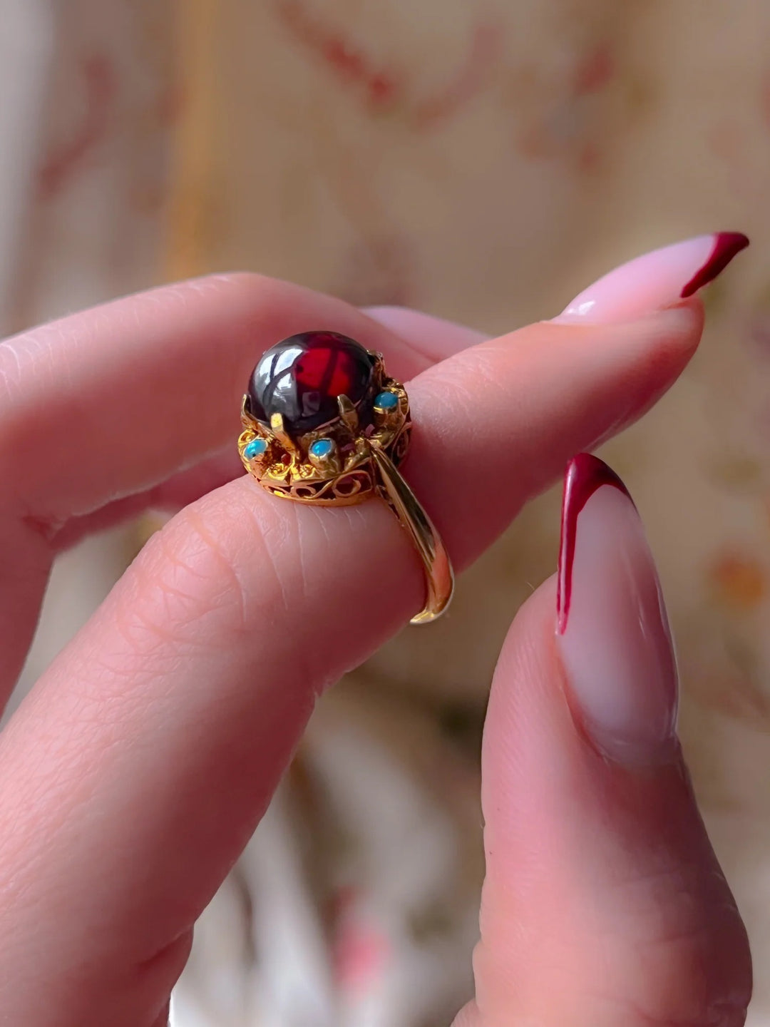 Garnet Cabochon and Turquoise Victorian Revival Cluster Ring