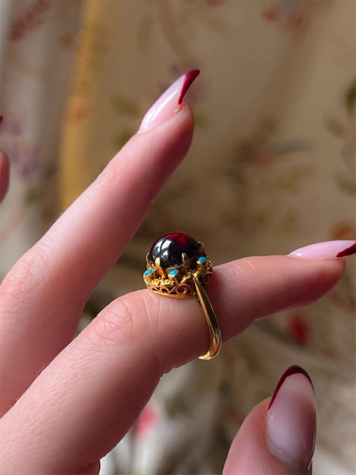Garnet Cabochon and Turquoise Victorian Revival Cluster Ring
