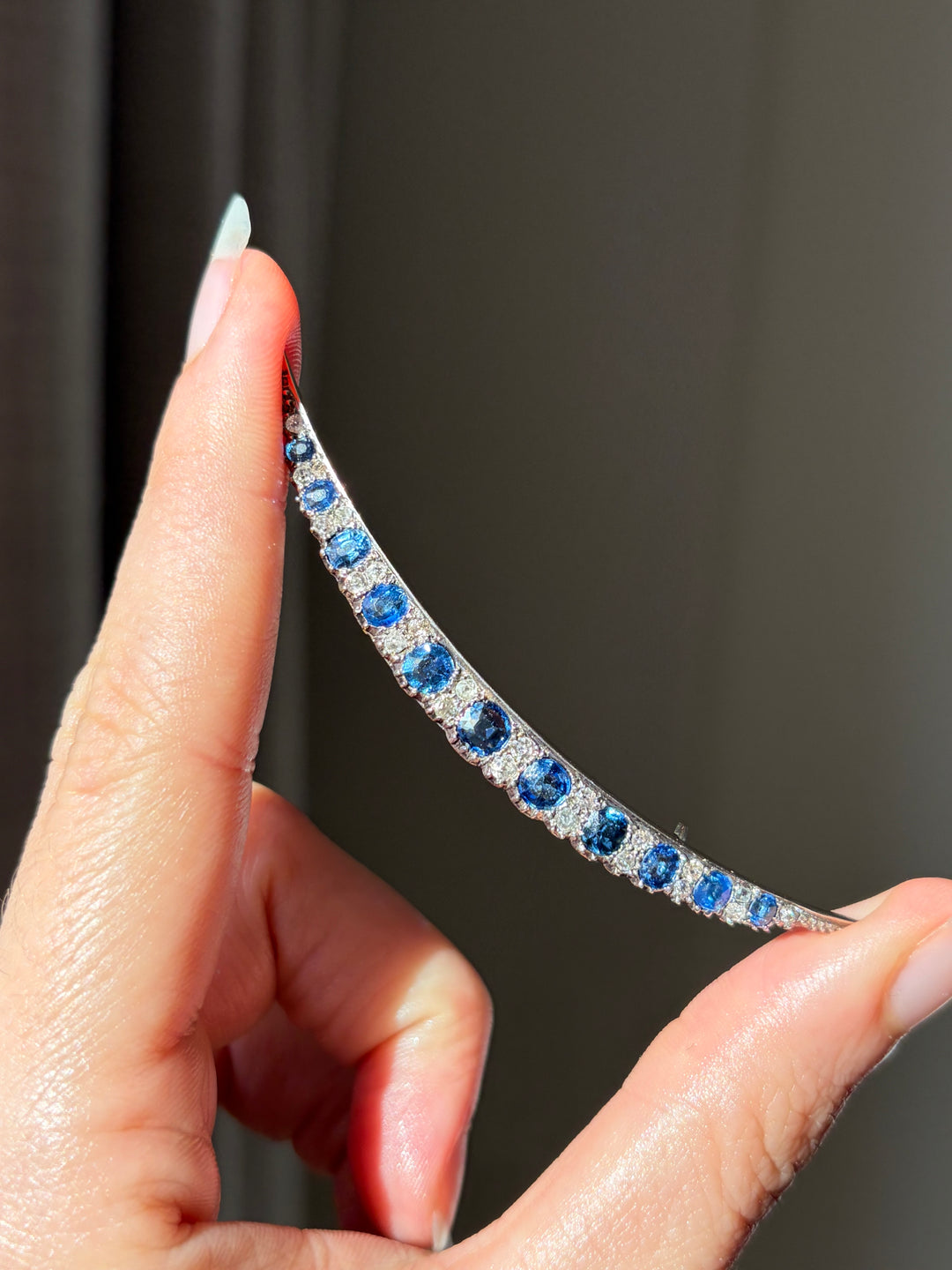 Victorian Sapphire and Old Mine-Cut Diamond Crescent Brooch, English 1870s