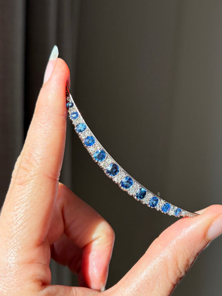 Victorian Sapphire and Old Mine-Cut Diamond Crescent Brooch, English 1870s