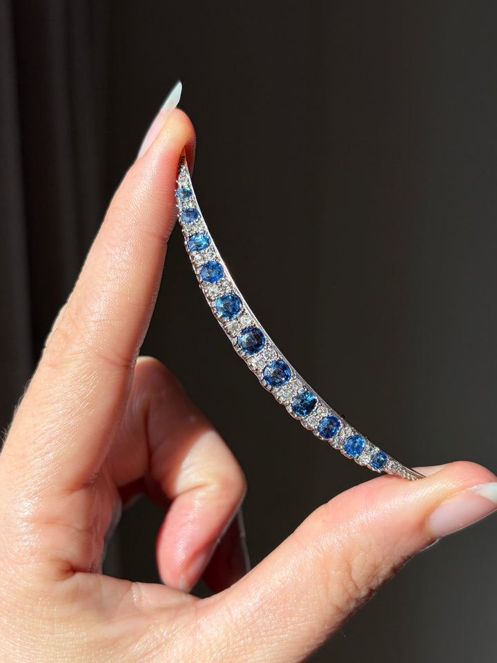 Victorian Sapphire and Old Mine-Cut Diamond Crescent Brooch, English 1870s