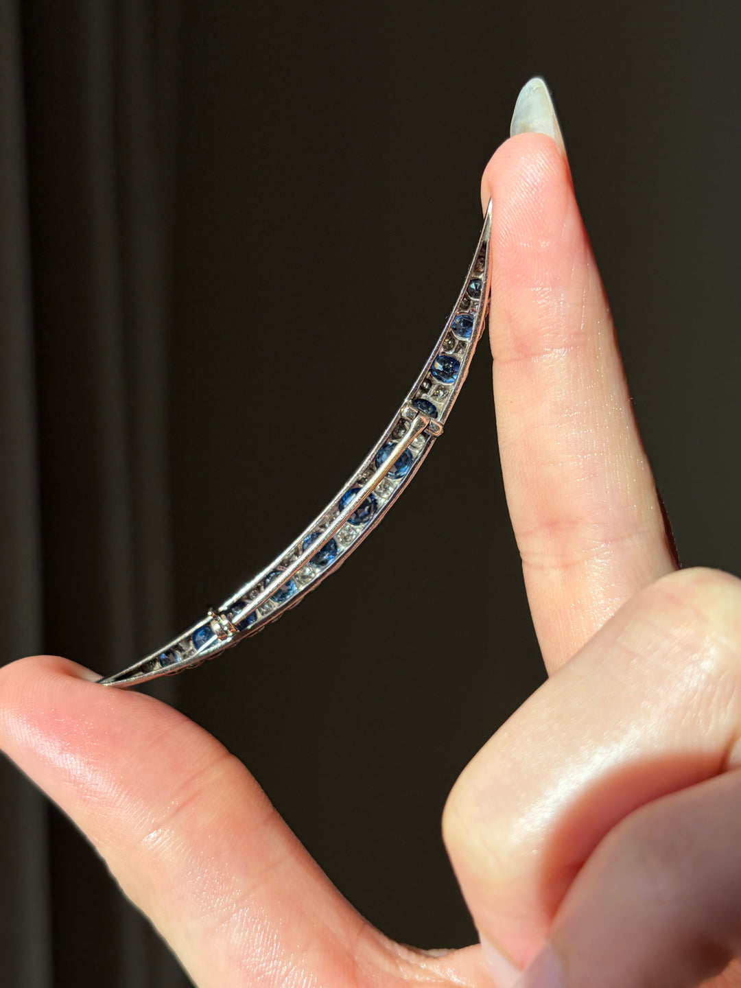 Victorian Sapphire and Old Mine-Cut Diamond Crescent Brooch, English 1870s