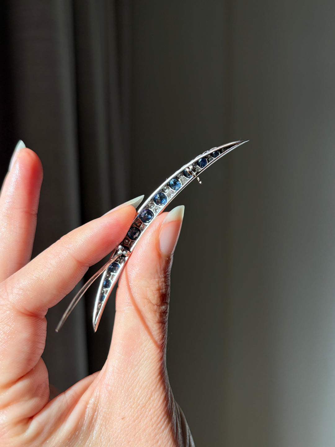 Victorian Sapphire and Old Mine-Cut Diamond Crescent Brooch, English 1870s