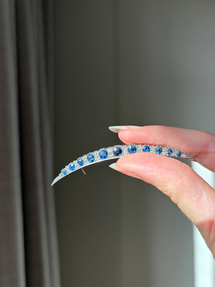 Victorian Sapphire and Old Mine-Cut Diamond Crescent Brooch, English 1870s