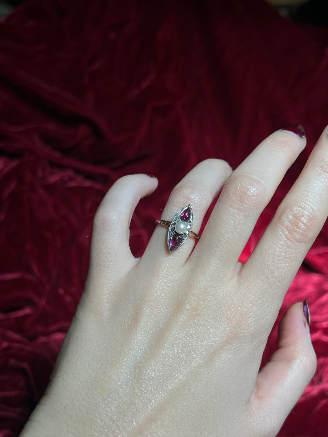 Remarkable French Amethyst Cabochon, Pearl and Diamond Ring