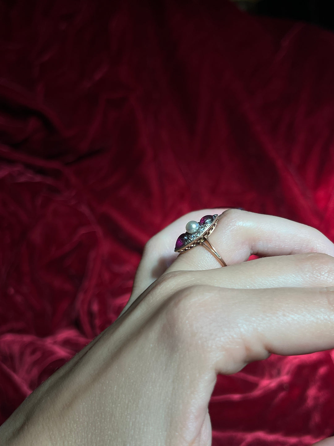 Remarkable French Amethyst Cabochon, Pearl and Diamond Ring