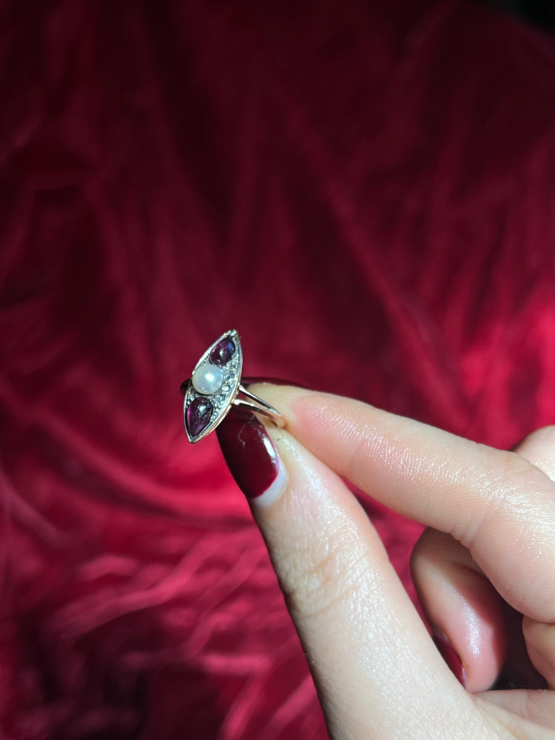 Remarkable French Amethyst Cabochon, Pearl and Diamond Ring