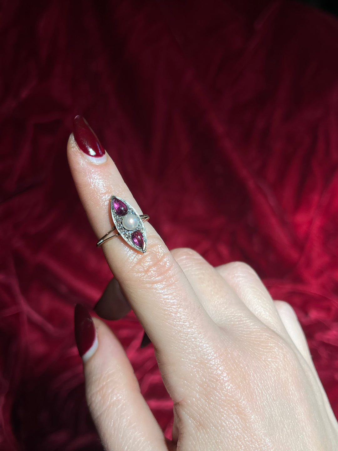 Remarkable French Amethyst Cabochon, Pearl and Diamond Ring