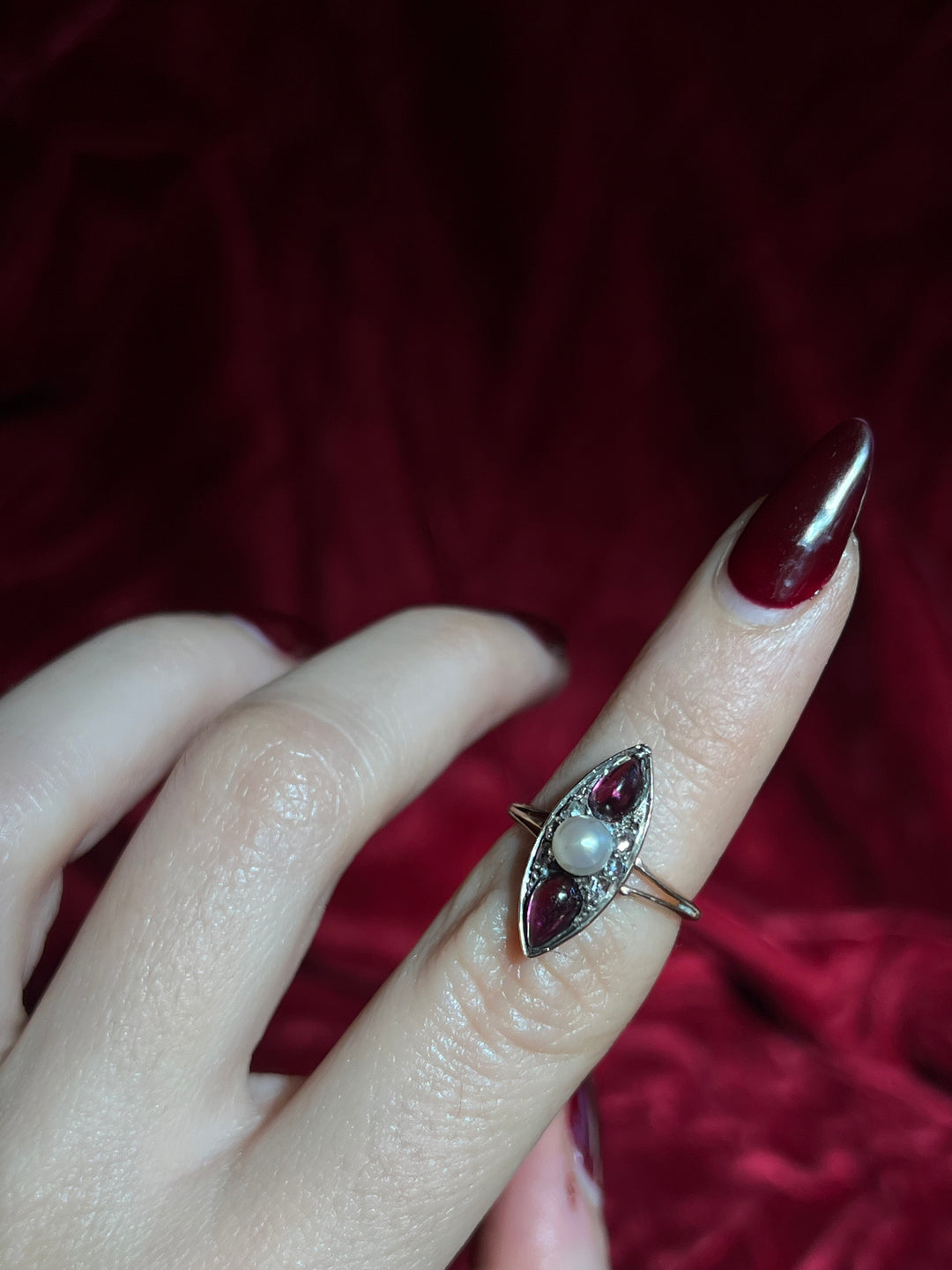 Remarkable French Amethyst Cabochon, Pearl and Diamond Ring