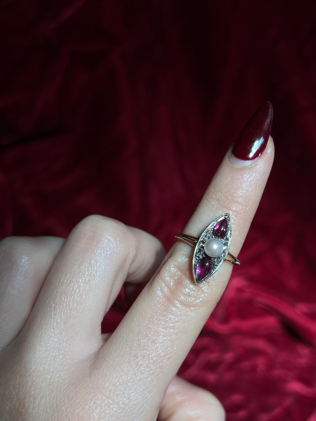 Remarkable French Amethyst Cabochon, Pearl and Diamond Ring