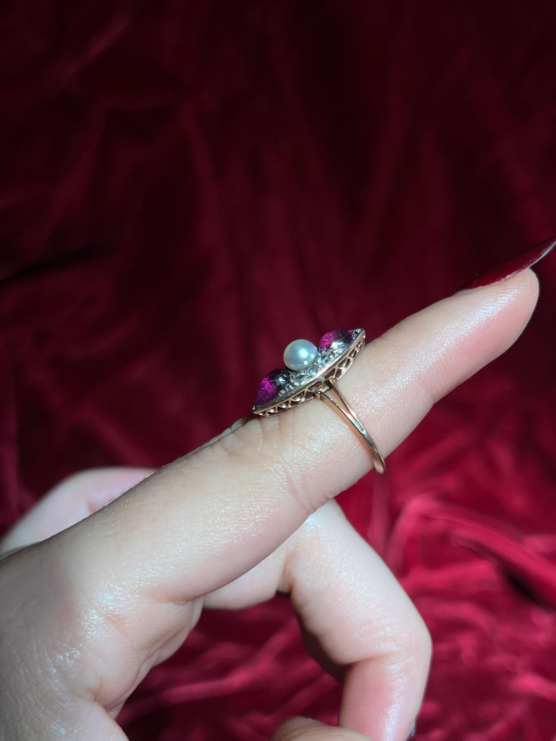 Remarkable French Amethyst Cabochon, Pearl and Diamond Ring