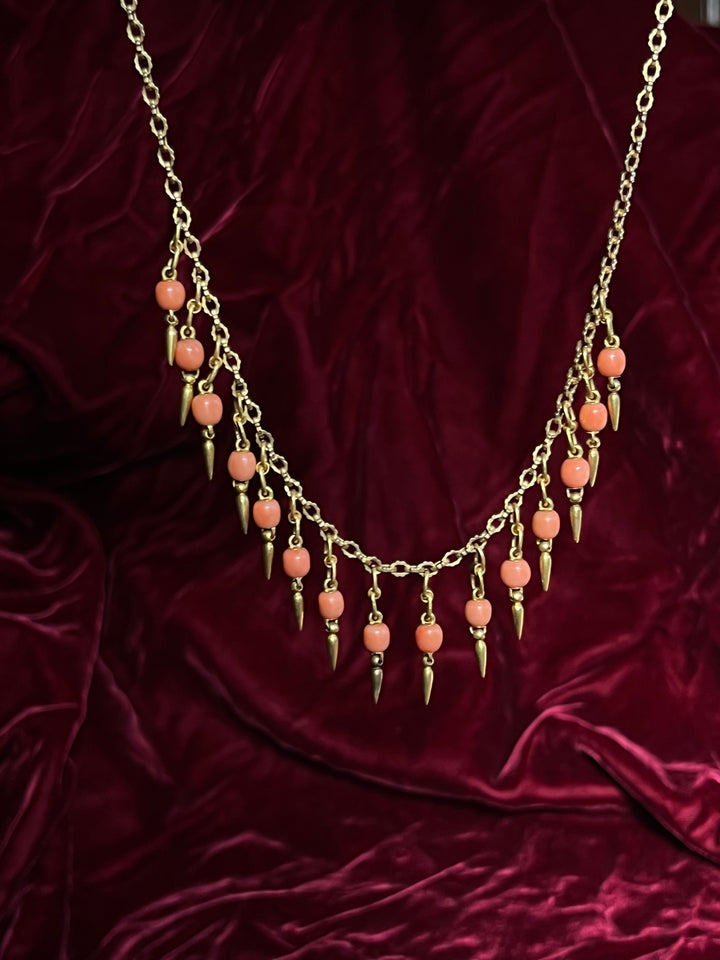 18ct gold and Sicilian blush coral fringe necklace circa 1870, antique grand-tour style