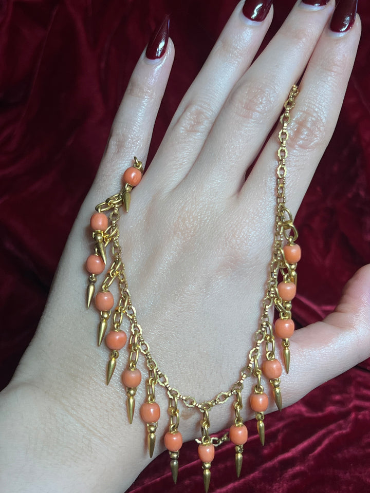 18ct gold and Sicilian blush coral fringe necklace circa 1870, antique grand-tour style