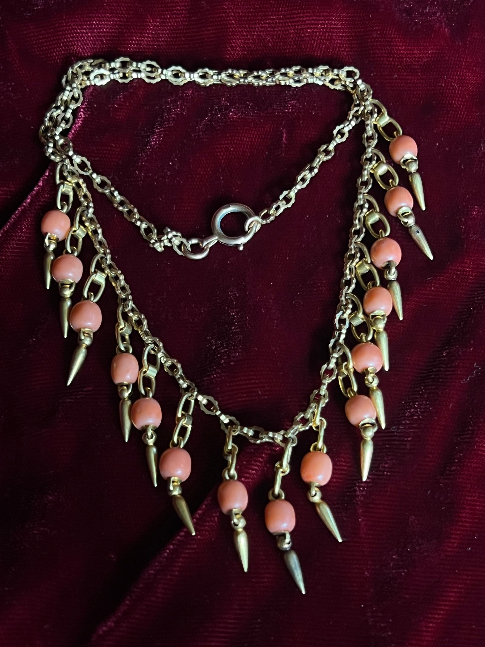 18ct gold and Sicilian blush coral fringe necklace circa 1870, antique grand-tour style