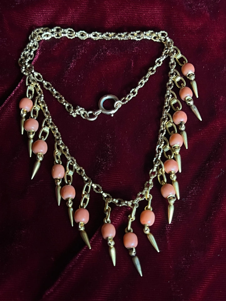 18ct gold and Sicilian blush coral fringe necklace circa 1870, antique grand-tour style