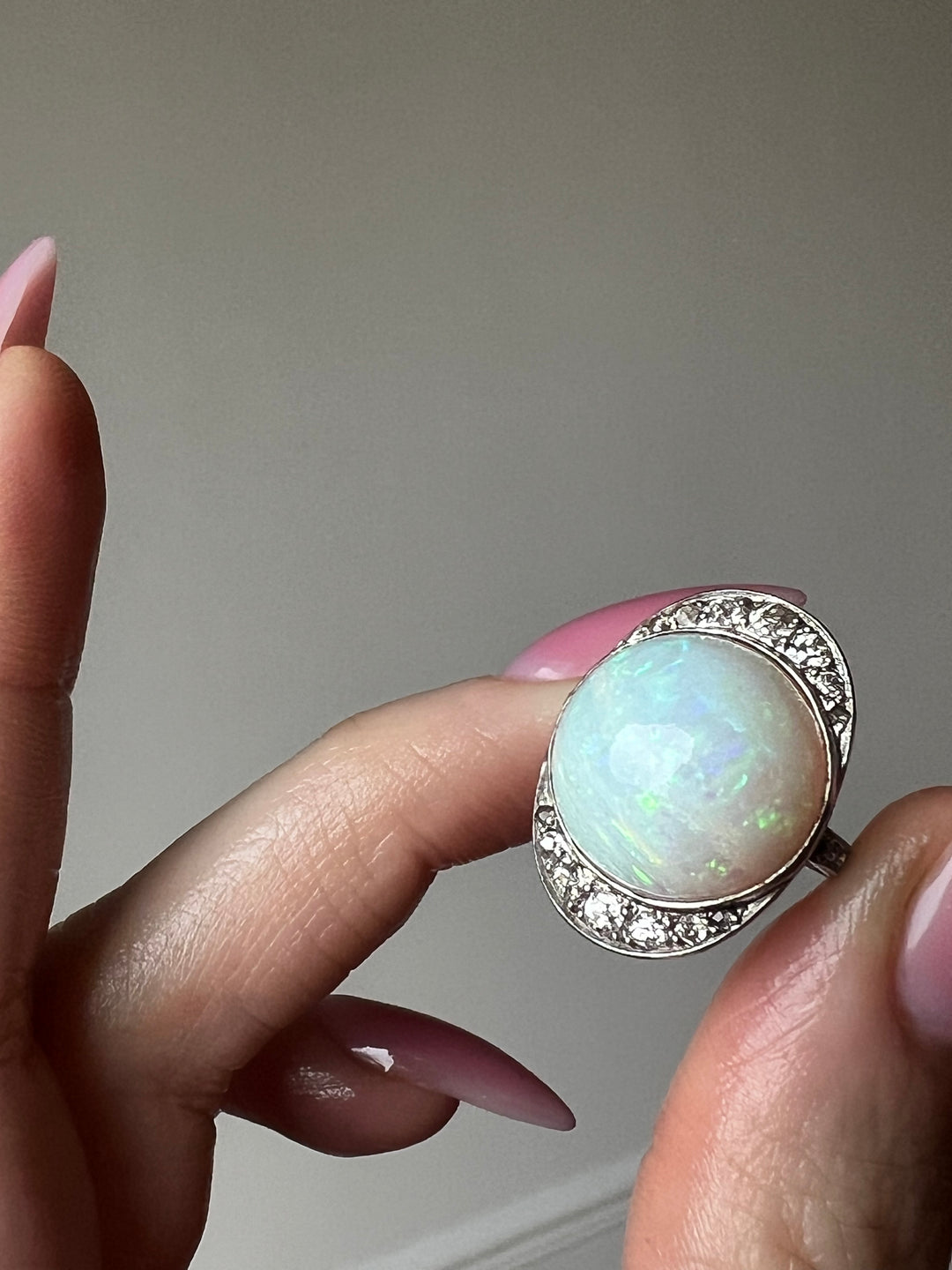 Antique French Platinum, Diamond & Opal Ring