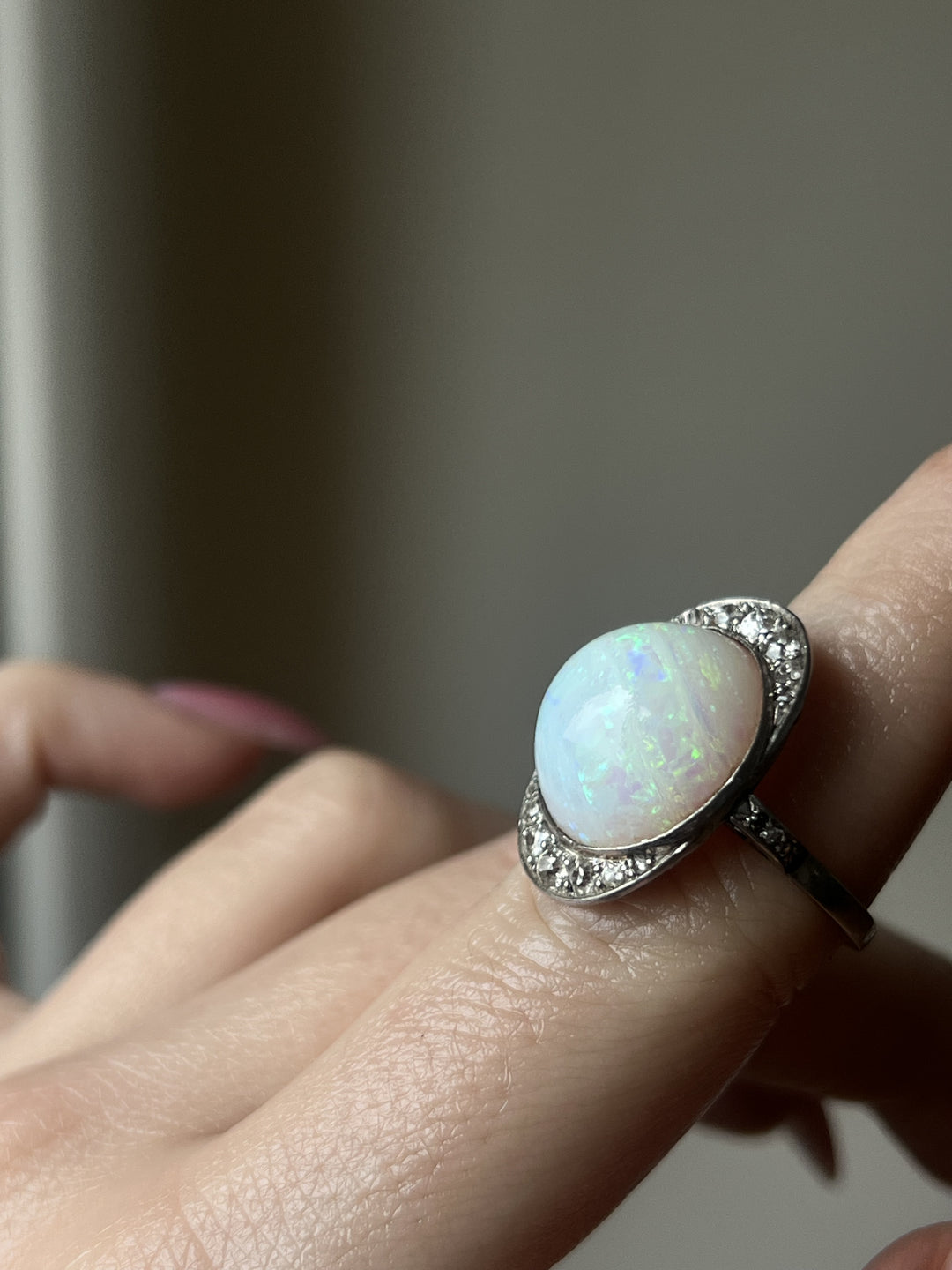Antique French Platinum, Diamond & Opal Ring