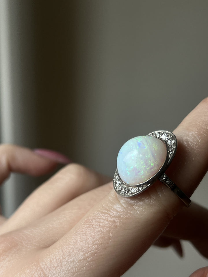 Antique French Platinum, Diamond & Opal Ring