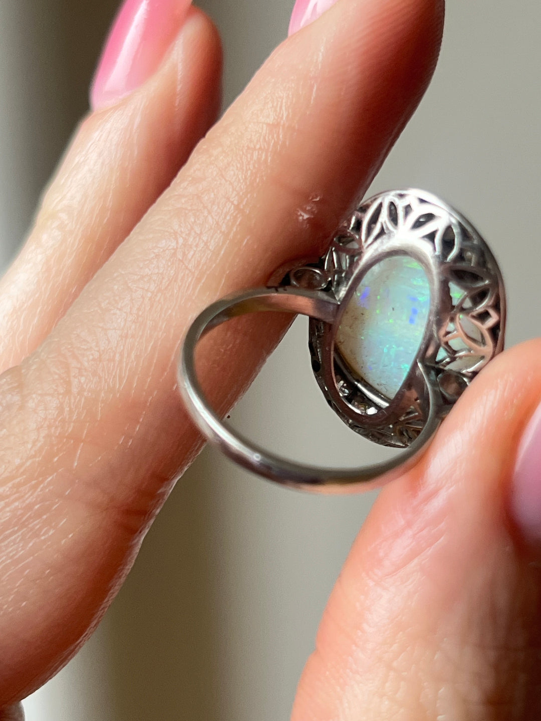 Antique French Platinum, Diamond & Opal Ring