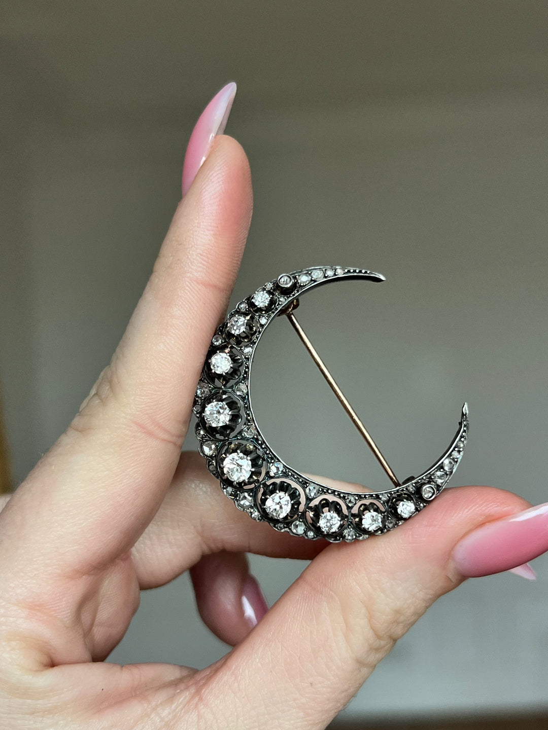 Antique French 18ct Gold & Diamond Crescent Brooch C. 1860