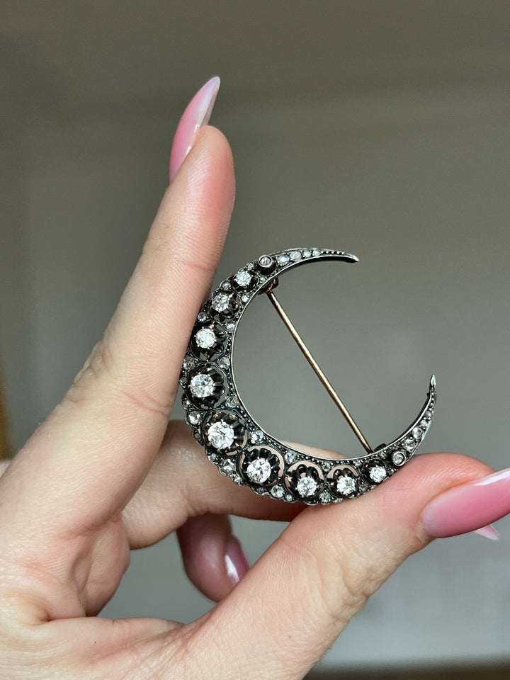 Antique French 18ct Gold & Diamond Crescent Brooch C. 1860