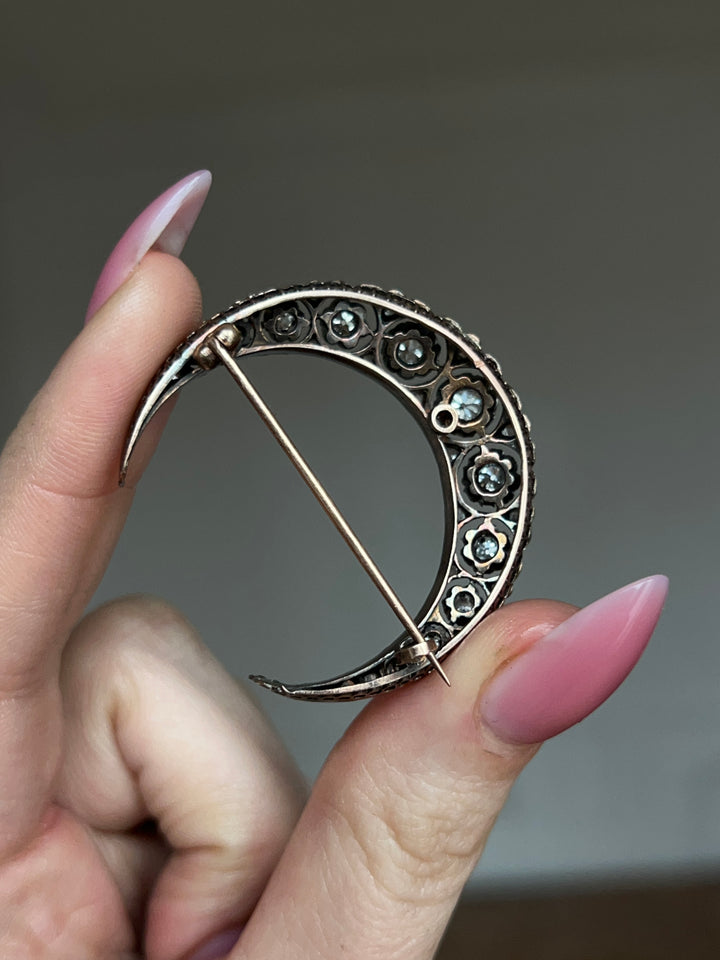 Antique French 18ct Gold & Diamond Crescent Brooch C. 1860