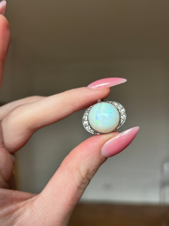 Antique French Platinum, Diamond & Opal Ring