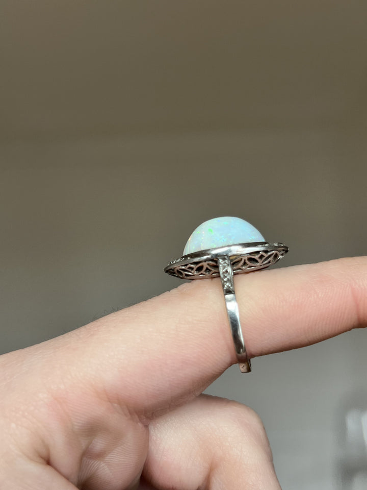 Antique French Platinum, Diamond & Opal Ring