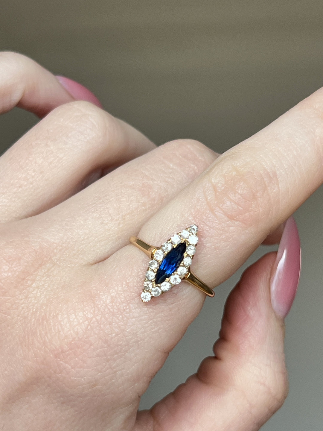 20K Gold, Diamond & Sapphire Navette Ring