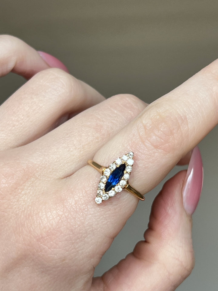 20K Gold, Diamond & Sapphire Navette Ring